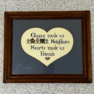 Vintage 80s Heart-Shaped Cross-Stitch Wall Art with Wooden Frame